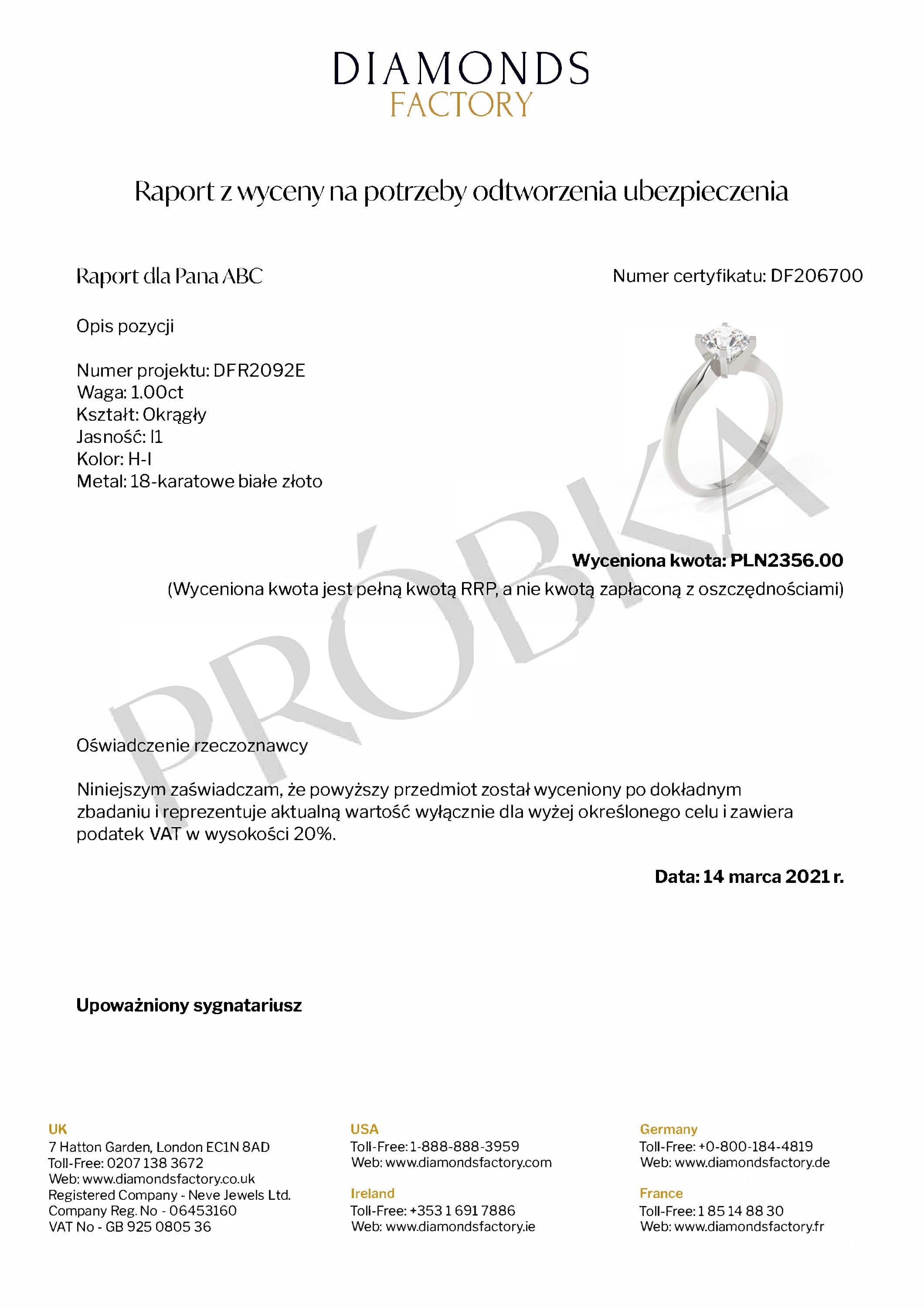 Valuation Certificate